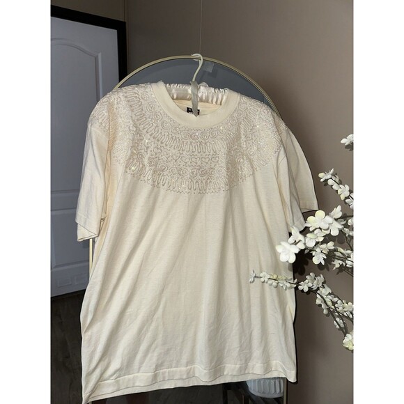 Vintage Fruit‎ of the Loom BEST Tag Blank T-Shirt XL Cream Women 50/50 90s Sku42 - Picture 1 of 6